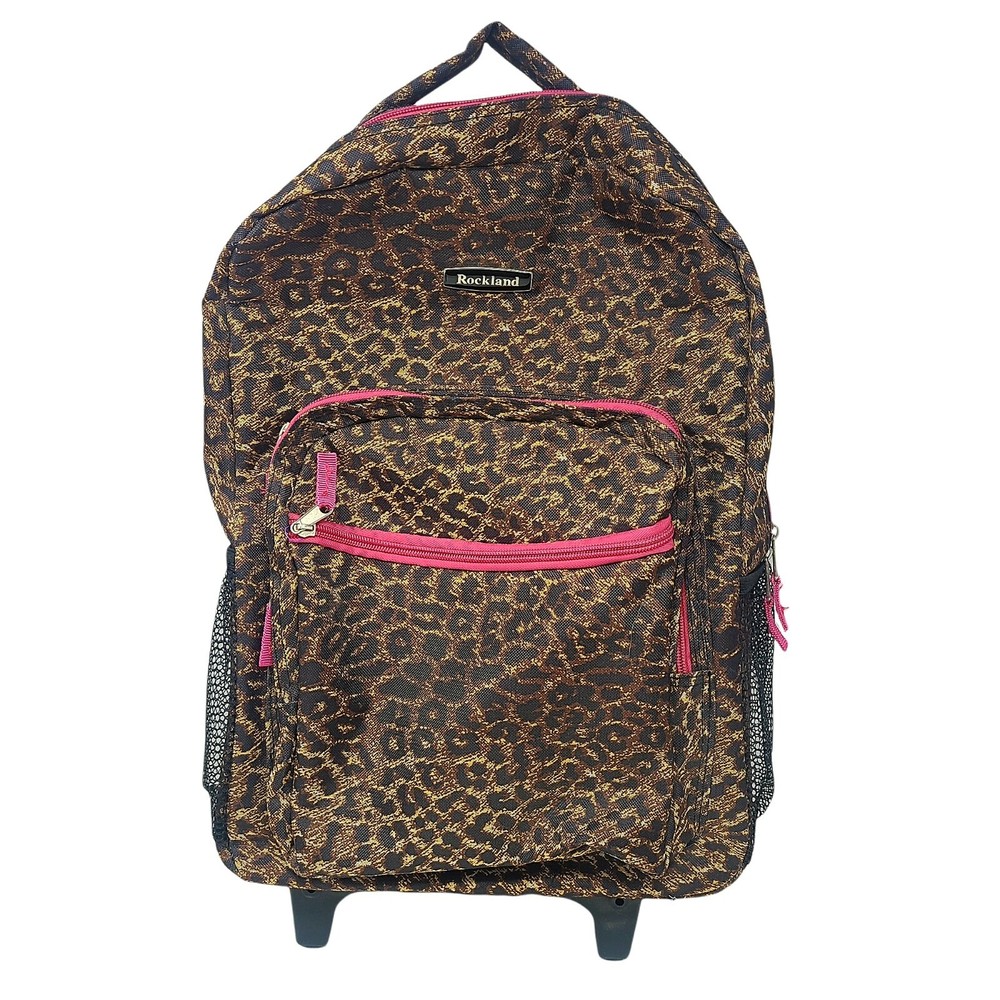 Rolling Backpack Rockland Double Handle Pink Leopard 17-Inch