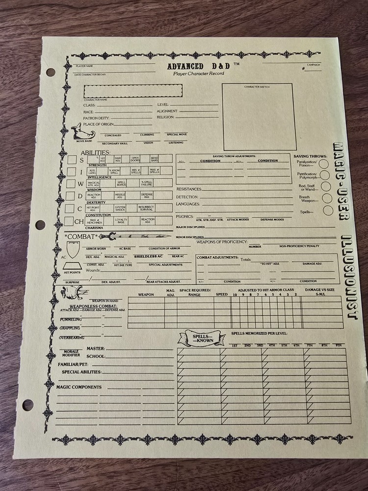 AD&D REF2 Player Character Record Sheet Singles Magic-User/Illusionist TSR