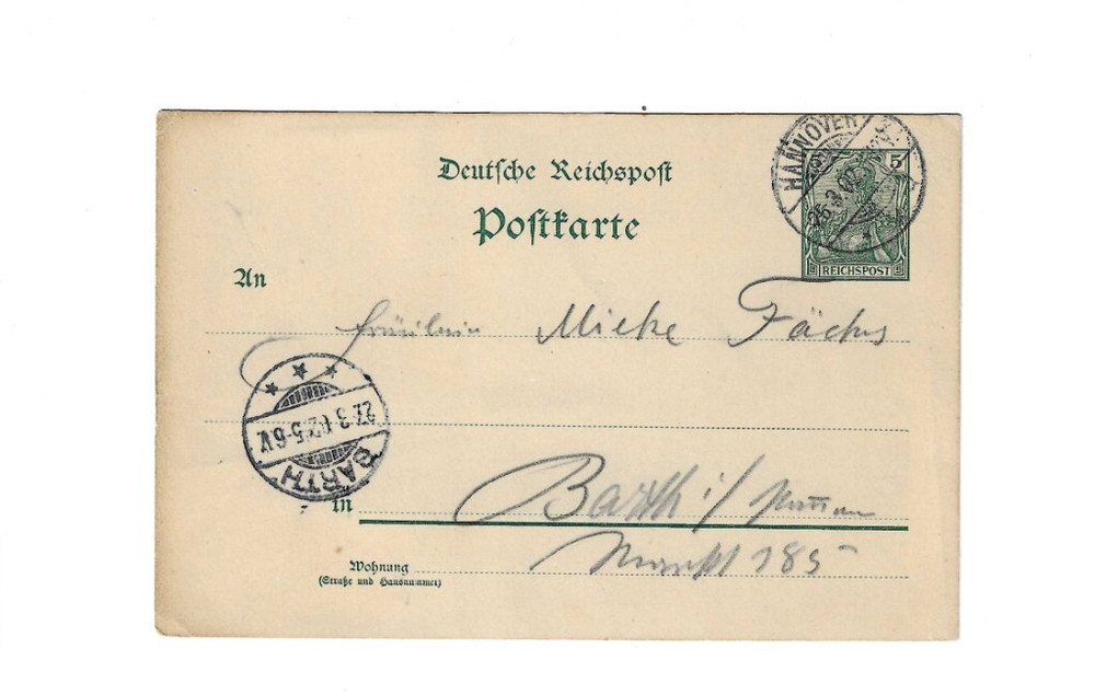 GERMANY 1902 Post Card sent from Hannover to Barth