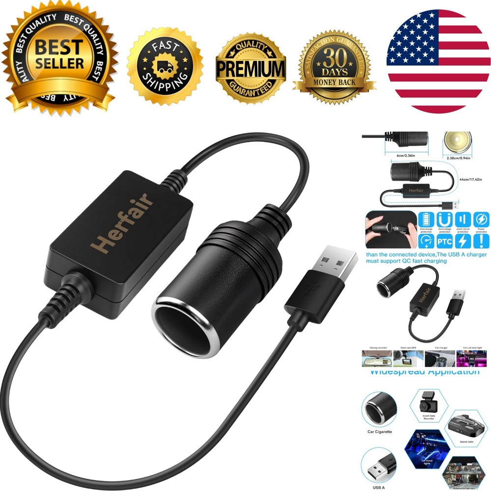 USB A to 12V Cigarette Lighter Socket Adapter - QC Fast Charging, Safe & Durable