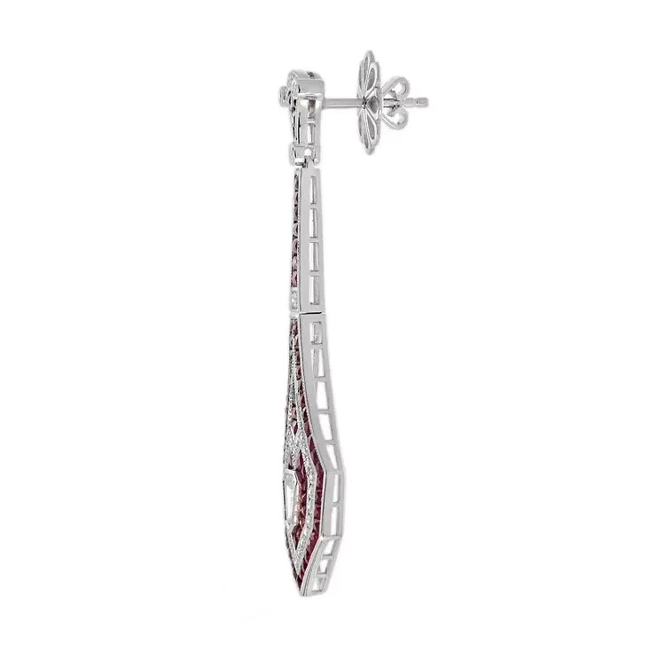 14k White Gold Finish Art Deco Style Lab-Created Diamond & Ruby Dangle Earrings