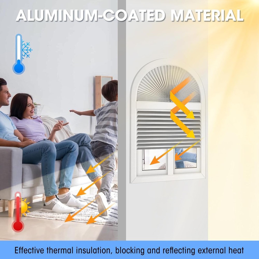 Arch Window Light Fully Blocking Pleated Shade Blinds 72” x 36”, Silver/White