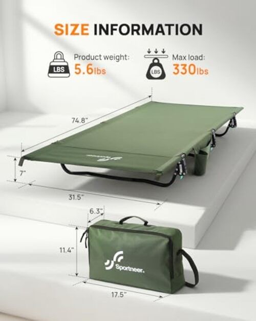 Camping Cot, 31.5'' Extra Wide Compact Folding Cot with Side Pocket Army Green
