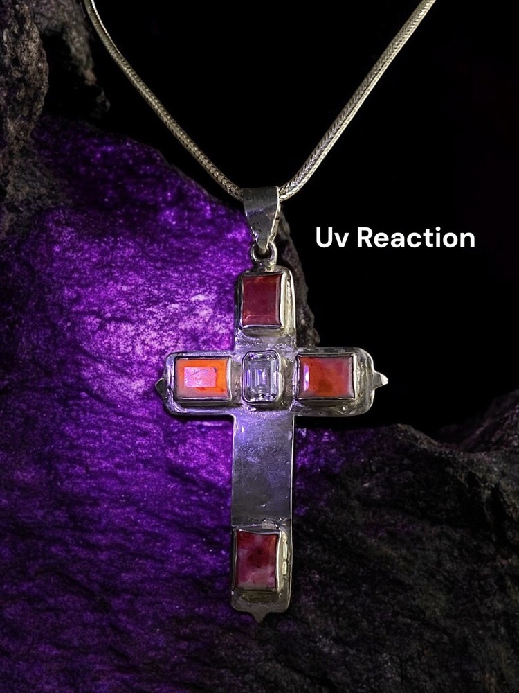 Fluorescent Tugtupite & Diamond Cross Pendant