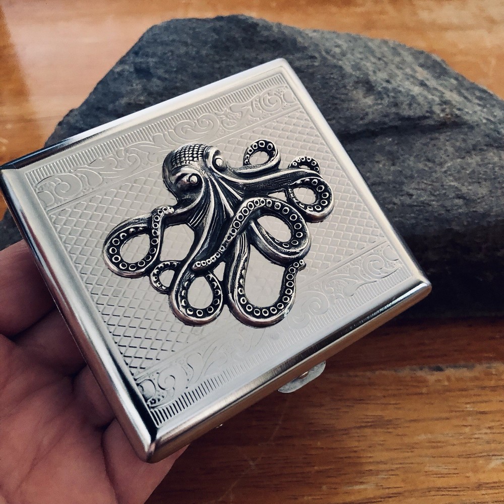 Octopus Cigarette Case RDIF Wallet & Business Card Stash Box Silver Chrome
