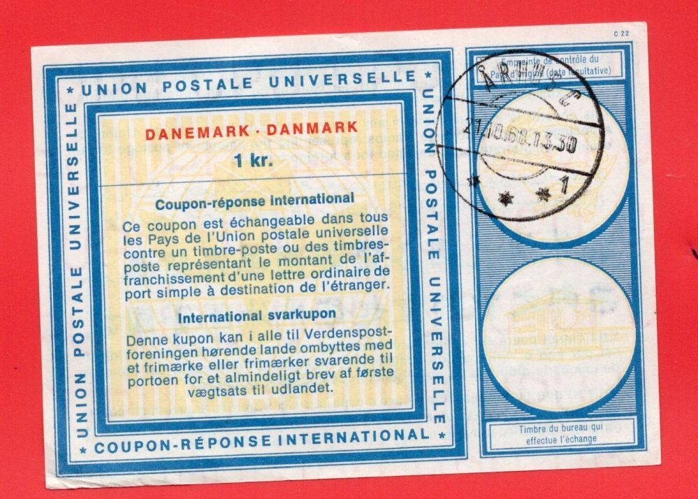 Denmark 1 Kr Reply Coupon used from 1968