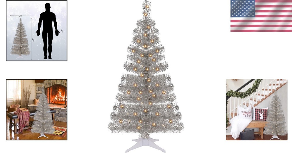 4FT Pre-lit Silver Tinsel Christmas Tree with 70 LED Lights & Timer Functions