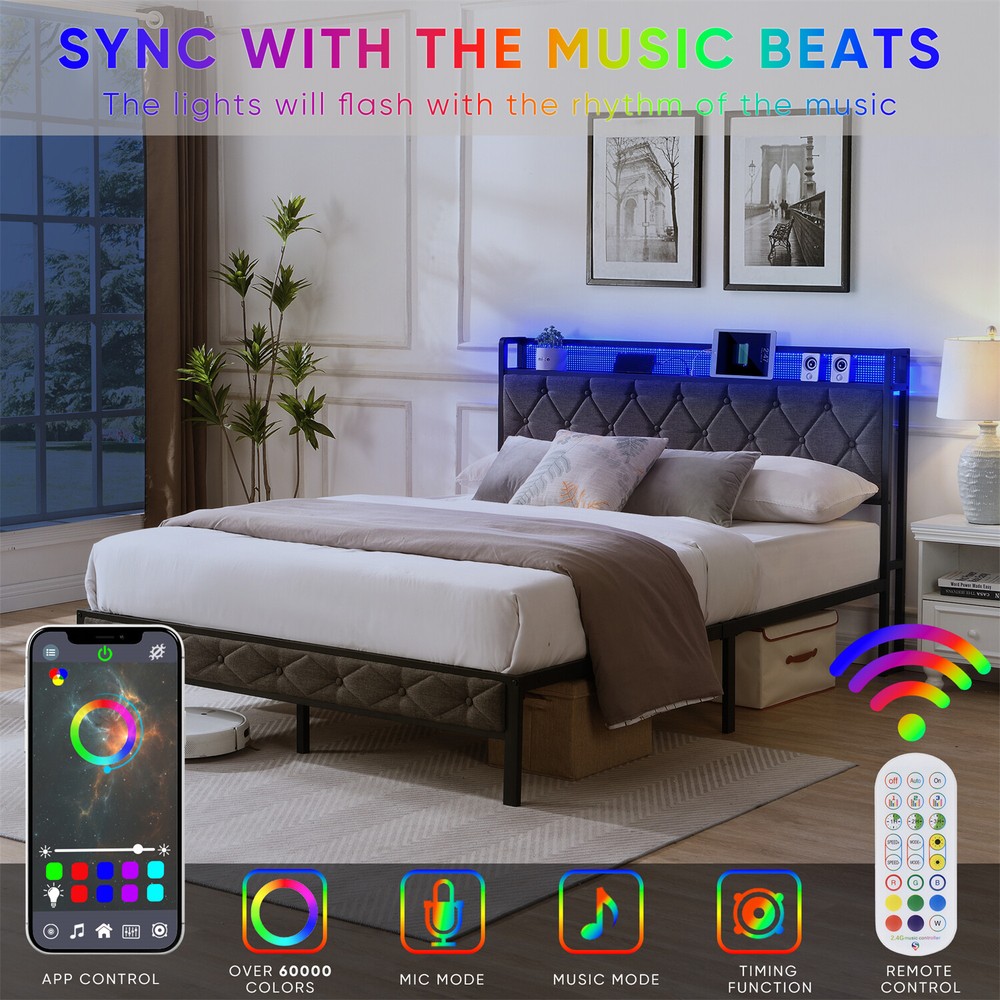 Full Size LED Bed Frame w/ Headboard & USB Port Upholstered Platform Bed Frame