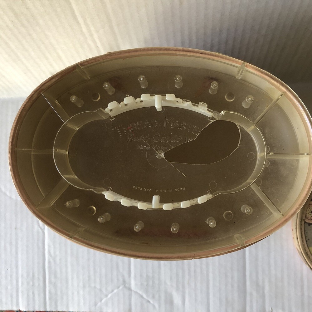 Vintage Kerk Guild Oval Sewing Box MCM Retro Pattern Tan Pink Fabric Covered