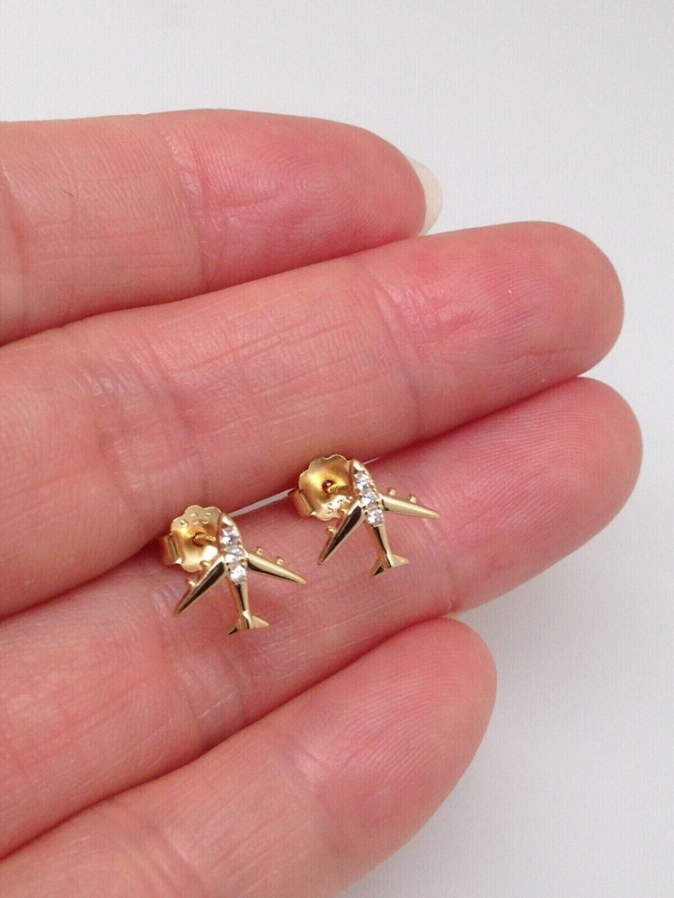 925 Sterling Silver CZ Gold Airplane Stud Earrings Tiny Dainty Studs 8x9mm