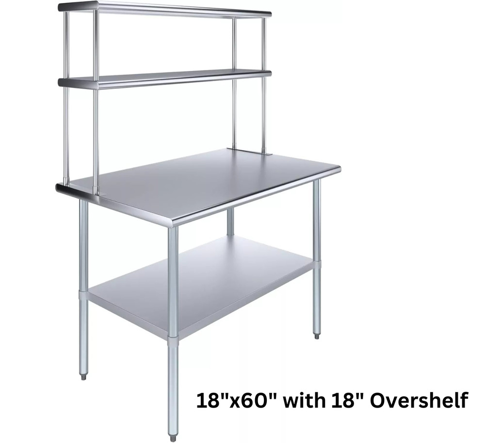 Heavy Duty Stainless Steel Prep Table w/ Double Overshelf for Kitchen Work