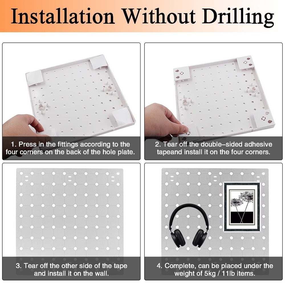 4 PCS White Pegboard Wall Organizer, Self-Adhesive Peg Board Wall Panel Kits ...