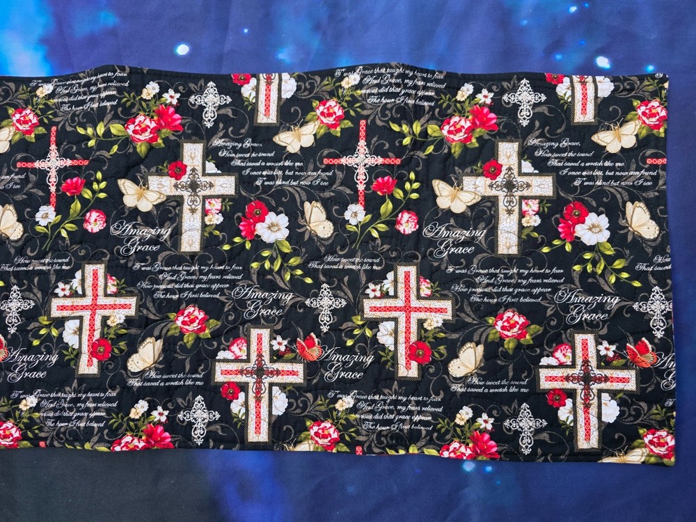 Handmade Quilted Table Runner FLOWERS EASTER RELIGIOUS AMAZING GRACE CROSS