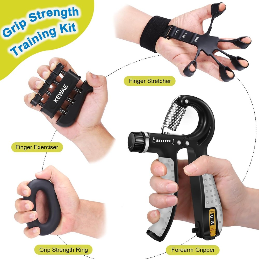 Grip Strength Trainer Kit 6 Pack with Finger Exerciser, Hand black grey