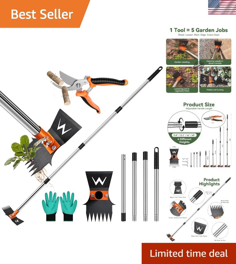 3-in-1 Garden Hoe & Weed Puller with 60" Telescoping Handle + Shears