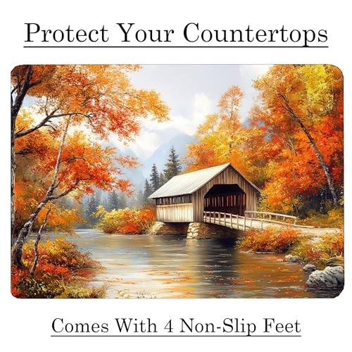 Fall Season Covered Bridge Pattern Kitchen Glass Cutting Board Decorative Mot...