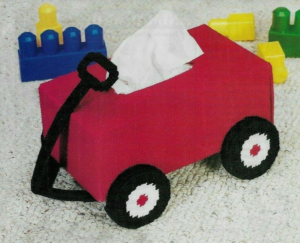 RED WAGON TISSUE TOPPER HOME DECOR PLASTIC CANVAS PATTERN INSTRUCTIONS