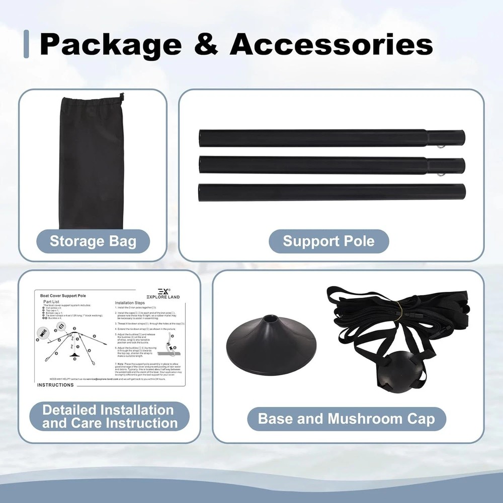 Explore Land Adjustable Boat Cover Support Pole 3 Pieces Pole, Black