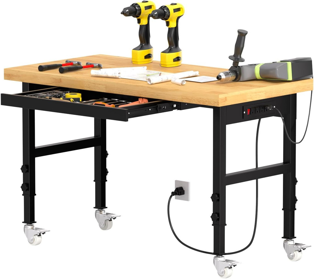 48" Heavy-Duty Solid Wood Work Bench with Drawers, Adjustable Height Workbench w