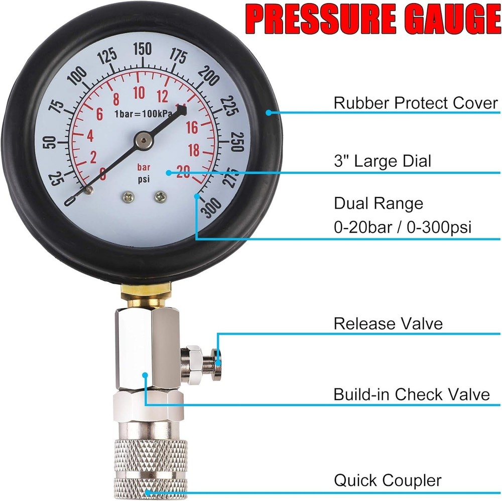 Precision Engine Compression Tester Kit with Flexible Hose & Adapters, 300 PSI