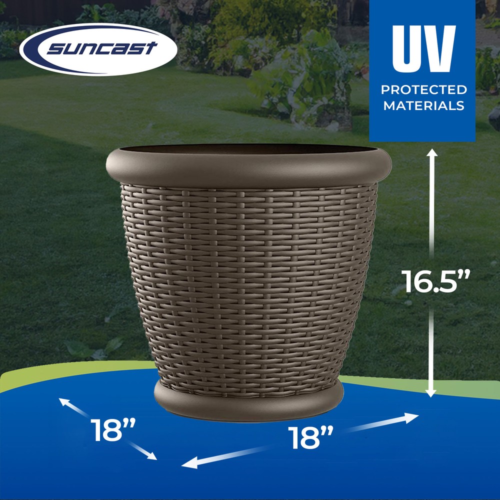 Suncast Willow 18 Inch Diameter Resin Decorative Wicker Patio Planter Pot, Java