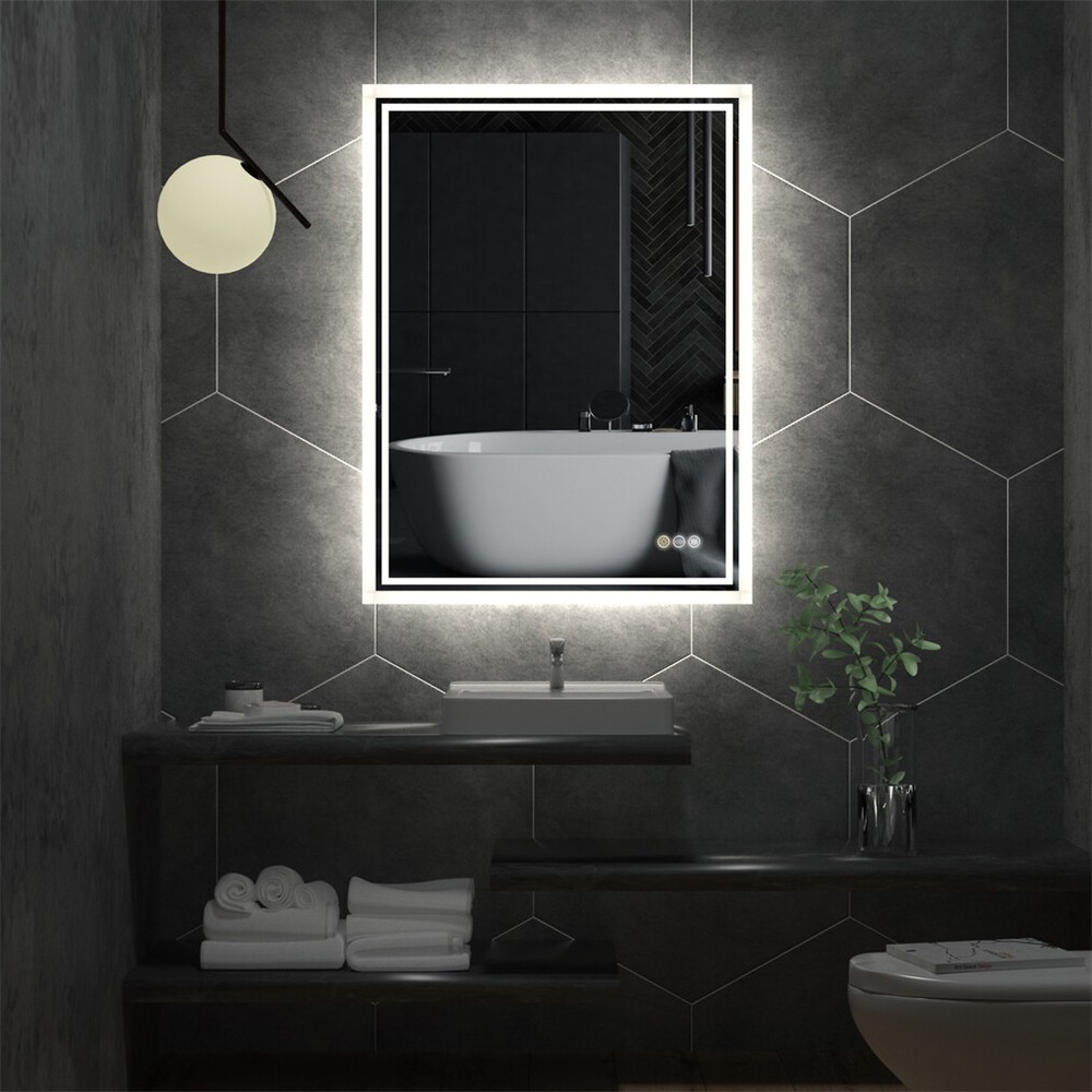 Rectangle Slim LED Bathroom Mirror Hanging Makeup Mirror Demister Sensor Switch