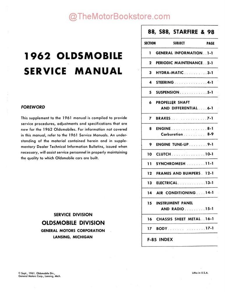 1962 Oldsmobile Shop Manual Supplement