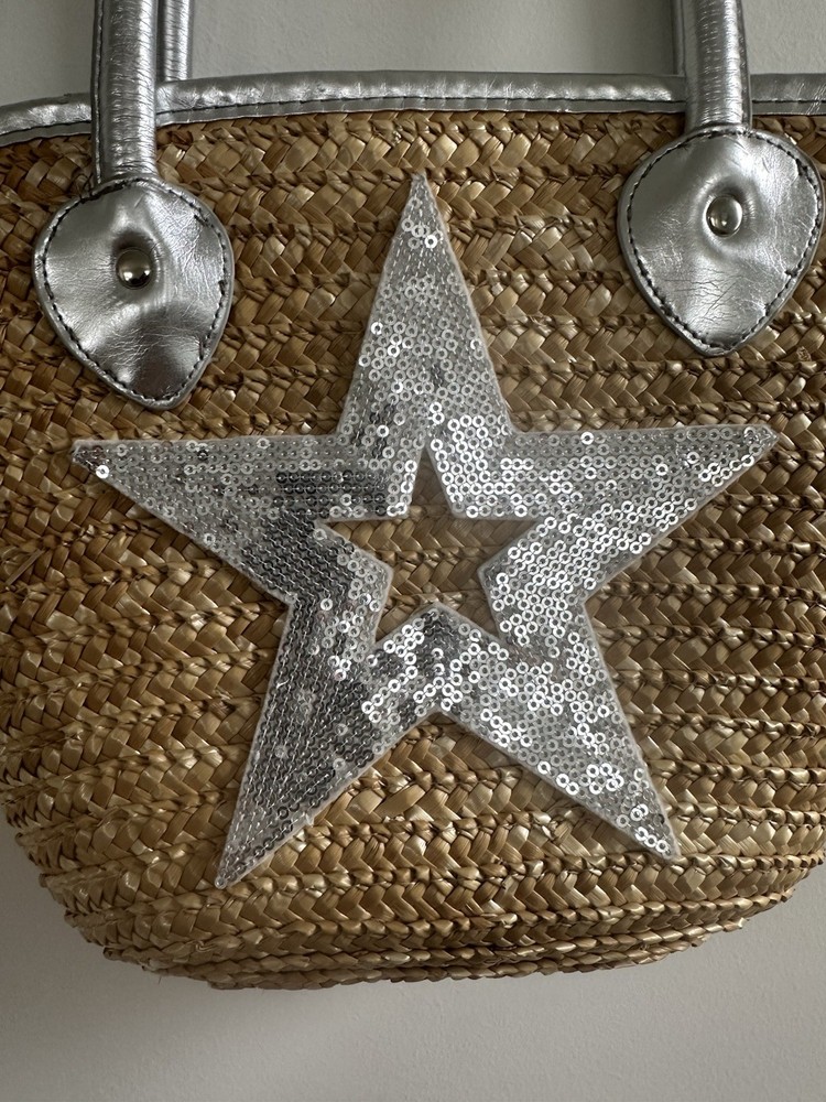Straw Beach Bag With Silver Sequence Star
