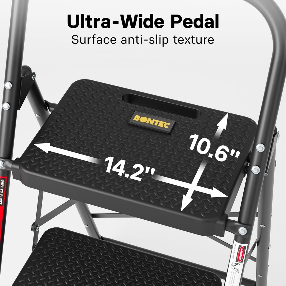 BONTEC 3-Step Ladder, Folding Step Stool, 3-Step, 600lbs Max Load, Black