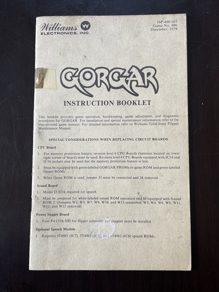 William’s Gorgar Pinball Instruction Booklet Original