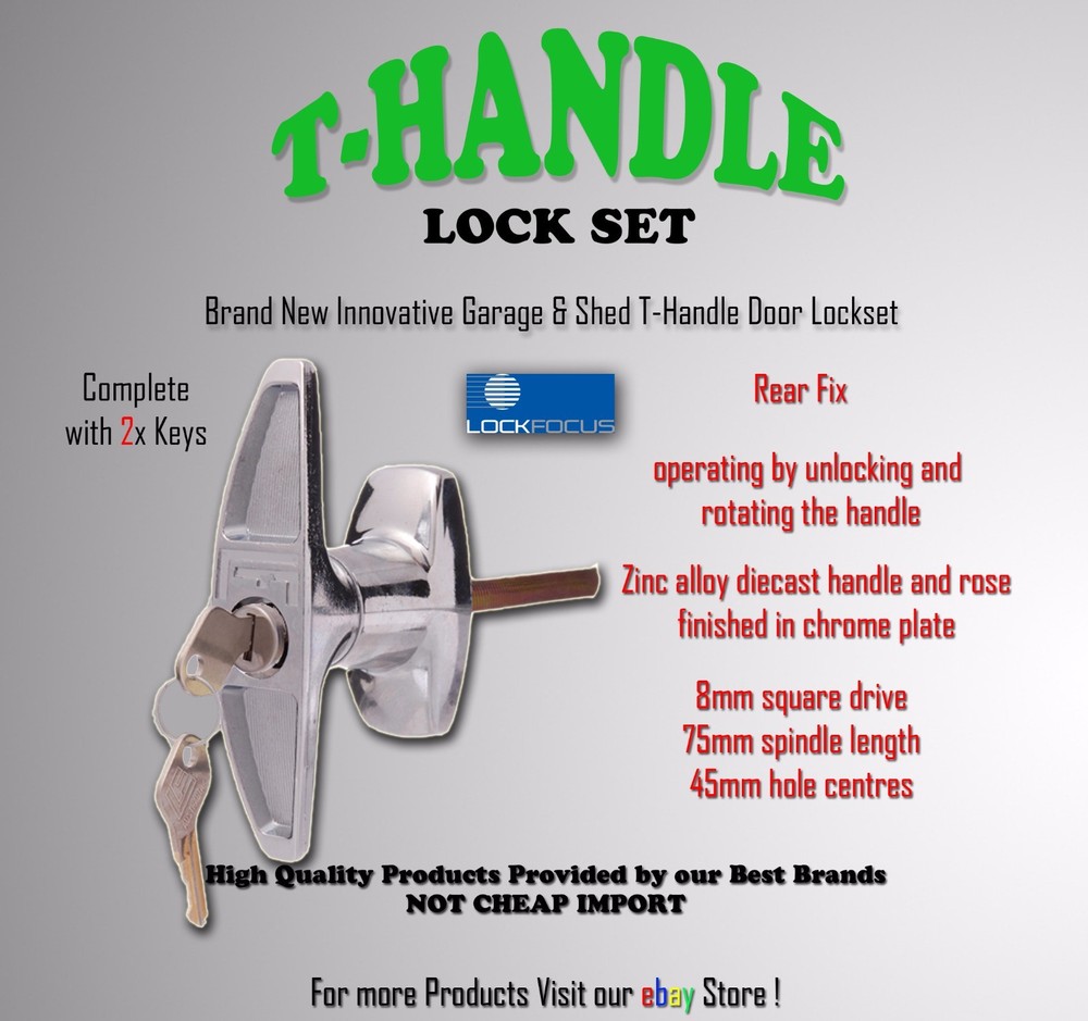 T-HANDLE LOCK SET - WITH REAR FIXING - GARAGE SHED CANOPY TURN LOCKING SET