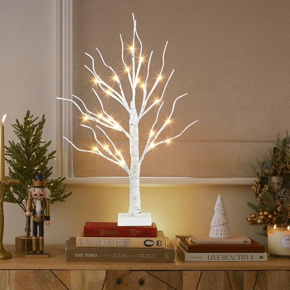Artificial Tree for Christmas Decorations, 2FT Birch Tree with LED Lights, Wa...