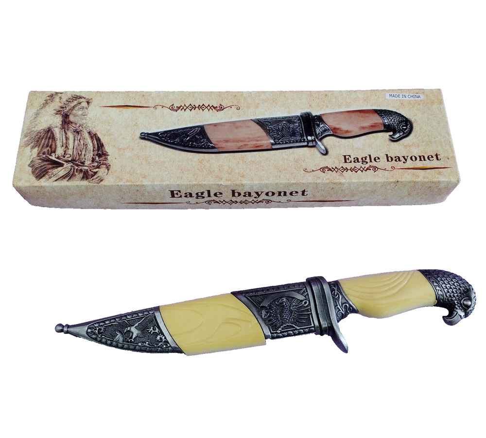 Etched Eagle Bayonet Fixed Blade Knife 6in with Sheath Box Eagle Handle Unique