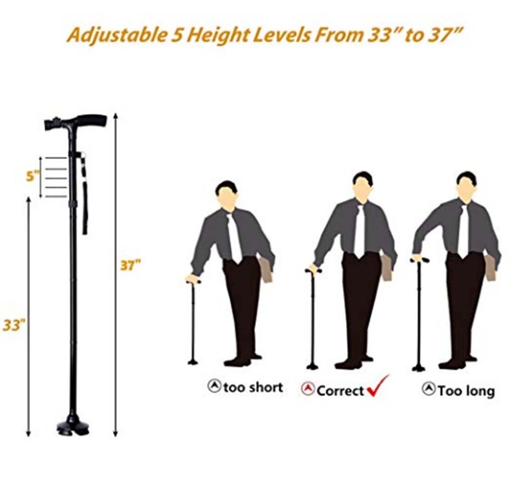2x Adjustable Height LED Walking Stick Hiking Terrain Pivoting Base Folding Cane