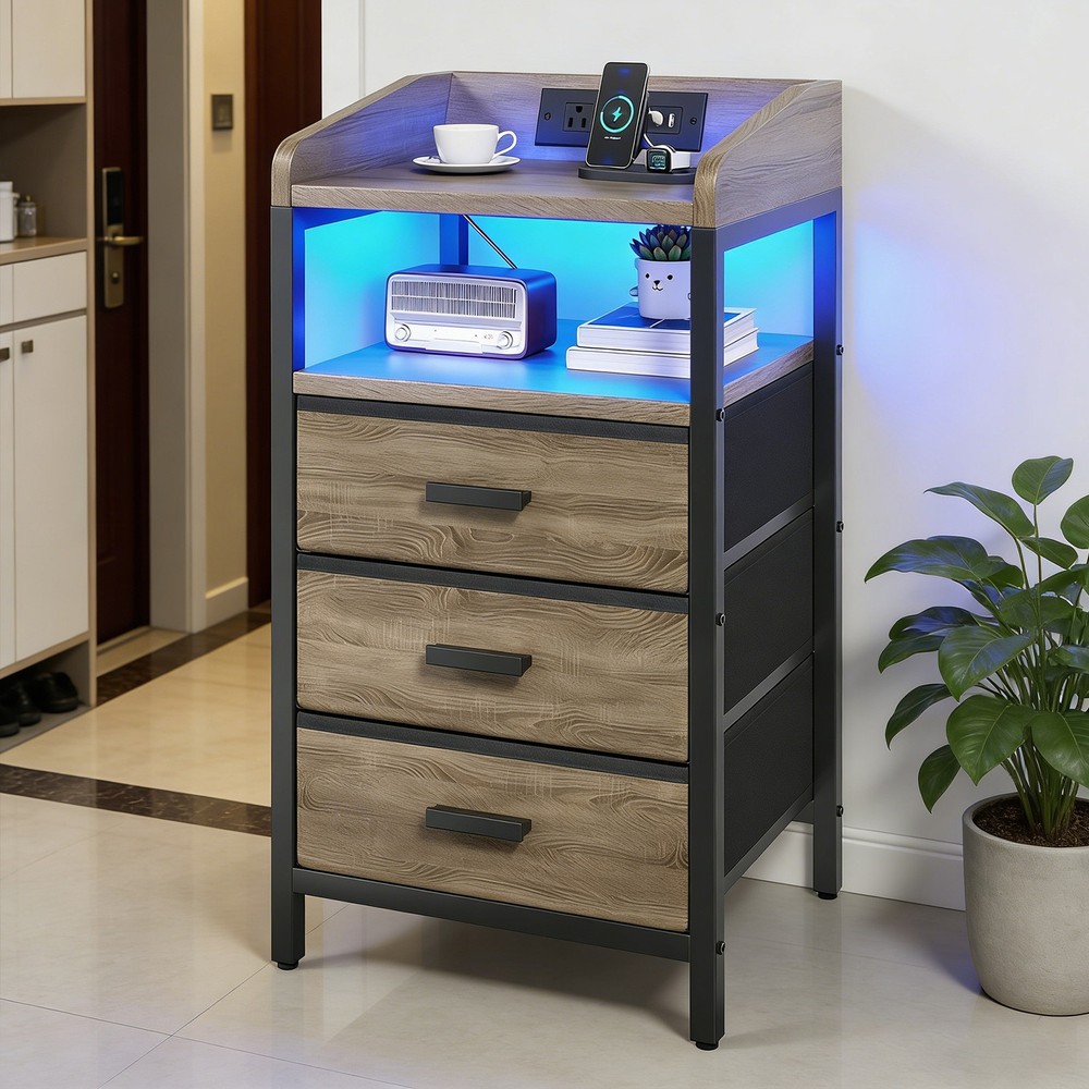2 Pack Night Stand With Charging Station And Light Bedside End Table ༝