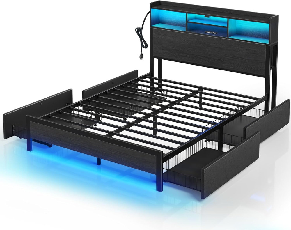 Full Bed Frame with Storage 4 Drawer Platform Bed with USB Charging Built in LED