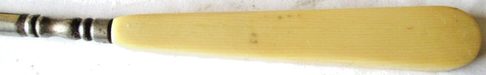 ANTIQUE YELLOW HANDLE, NICKEL PLATED IRON BUTTON HOOK, 8 1/4", USED