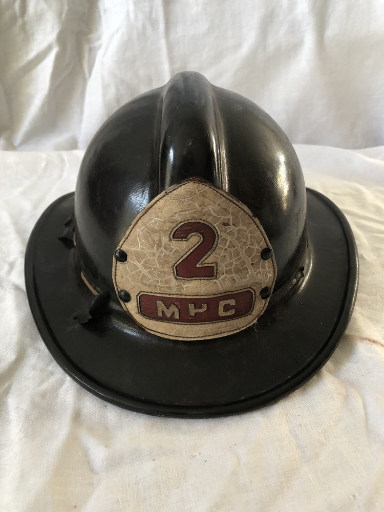 VINTAGE BLACK PLASTIC FIRE HELMET ~ MHC #2 LEATHET FRONT