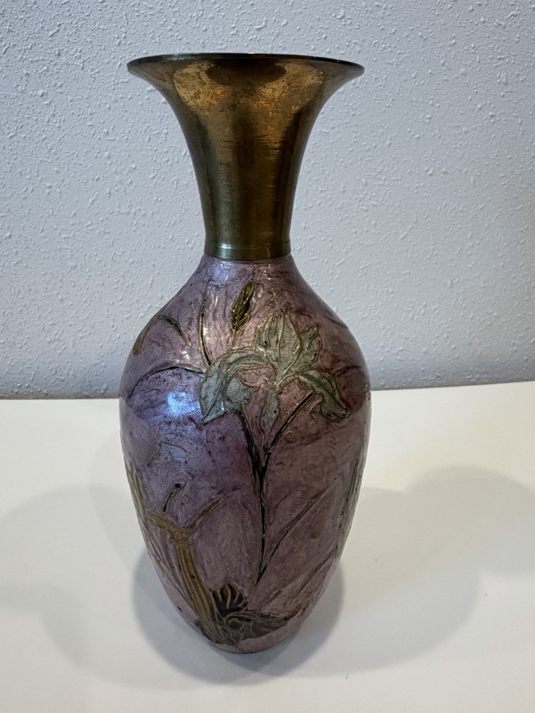 Blush Pink Enameled Brass Vase  India 8”