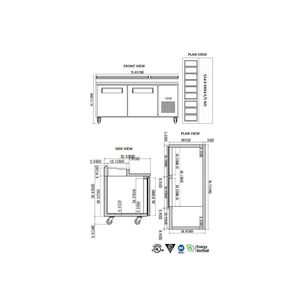 Valpro VPP71-HC 70" Pizza Prep Table Refrigerated Counter