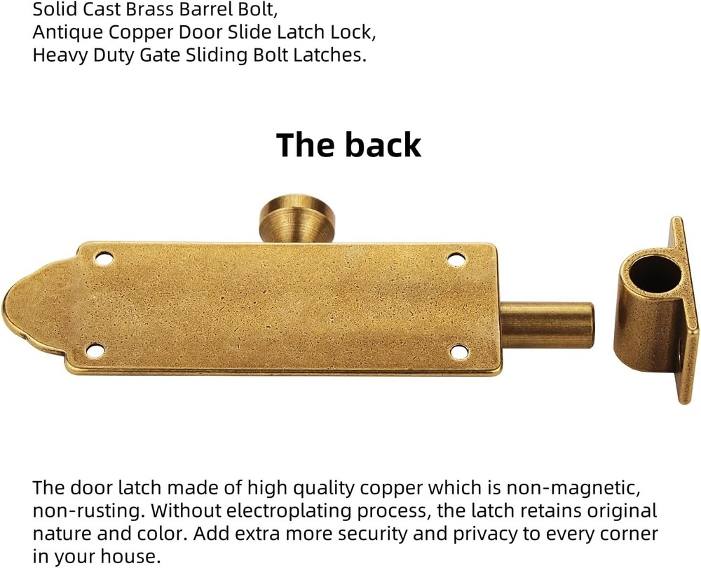 Solid Cast Brass Barrel Bolt, Antique Door Slide Latch Lock, Bronze