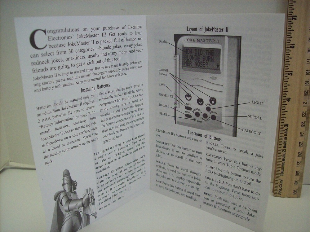 Electronic Joke Master II (424-2) By Excalibur Electronics Operating Manual