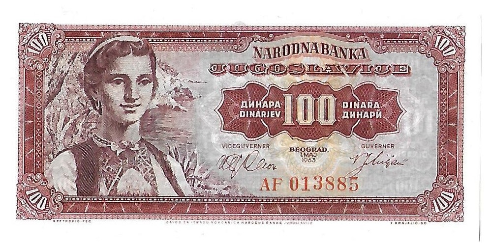 1963, YUGOSLAVIA 100 DINARA BANKNOTE, UNCIRCULATED.
