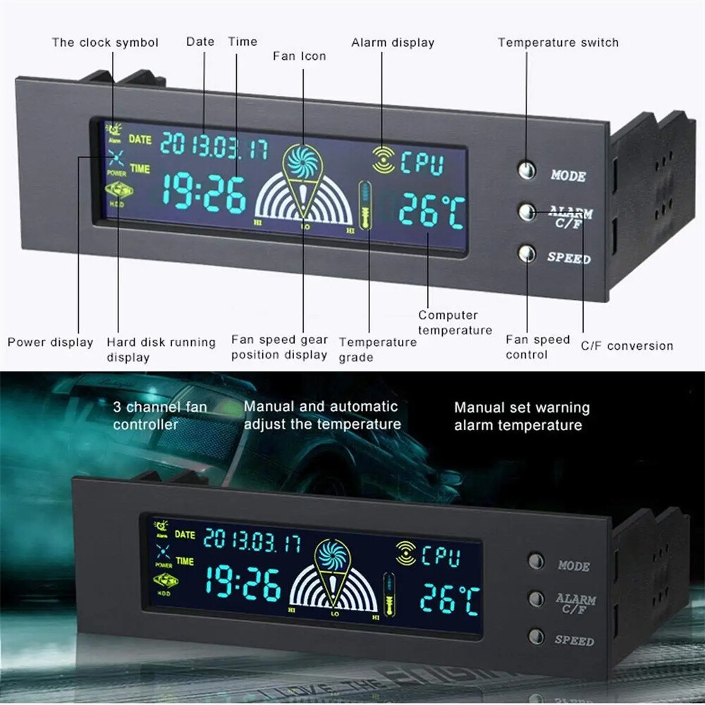 5.25 Inch PC Computer Front Panel LCD 3 Fans Speed Temperature Sensor Controller