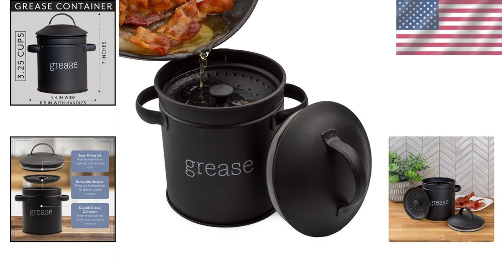 Practical Black Enamel Grease Container w/Strainer - Essential Kitchen Accessory