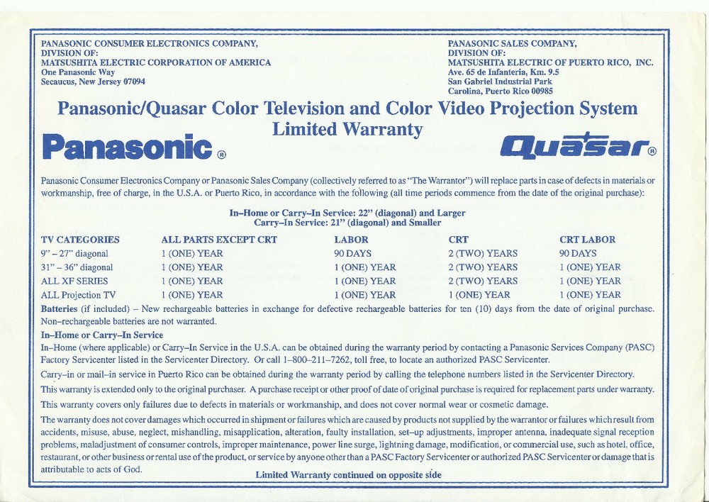 Printed Operating Instructions Panasonic SuperFlat System Monitor-Receiver