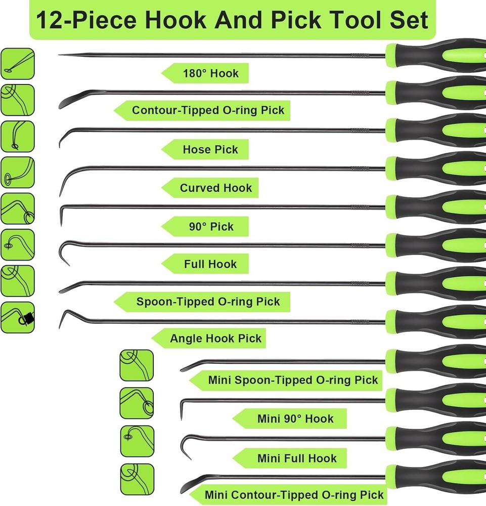12PCS Automotive Hook and Pick Tool Set,Long & Mini Precision Puller Remover Too
