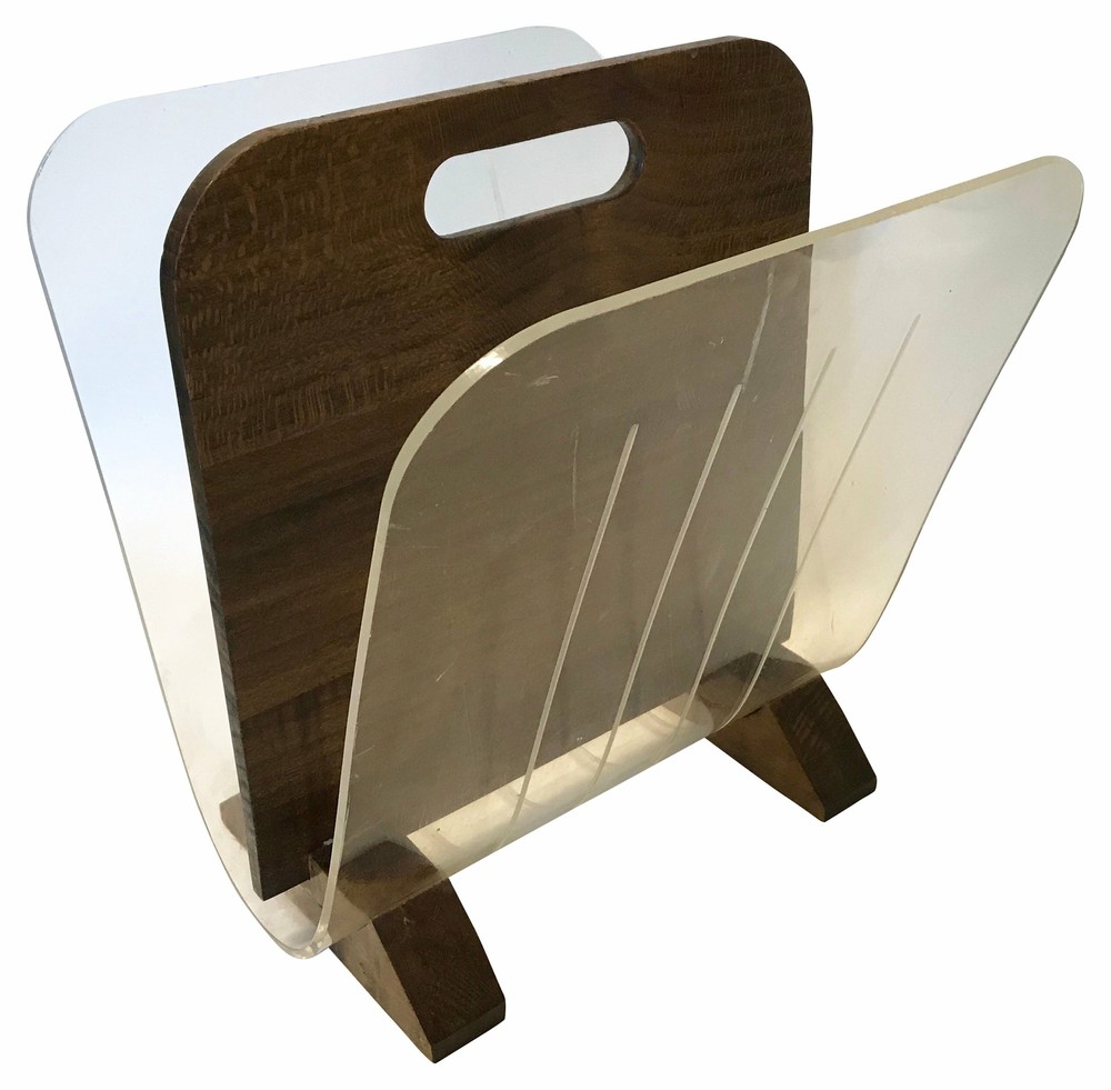 Modernist Walnut & Lucite Magazine Rack