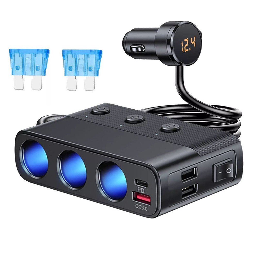 V3 Way Car Cigarette Lighter Socket Splitter 7 in 1 Power Adapter 127W (Max)