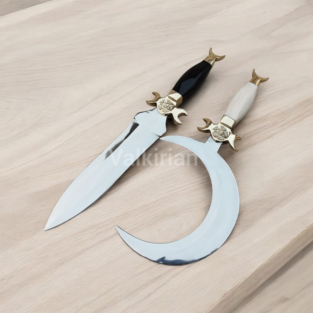 Handcrafted Crescent Moon Dagger with a curved blade and camel bone horn handle.